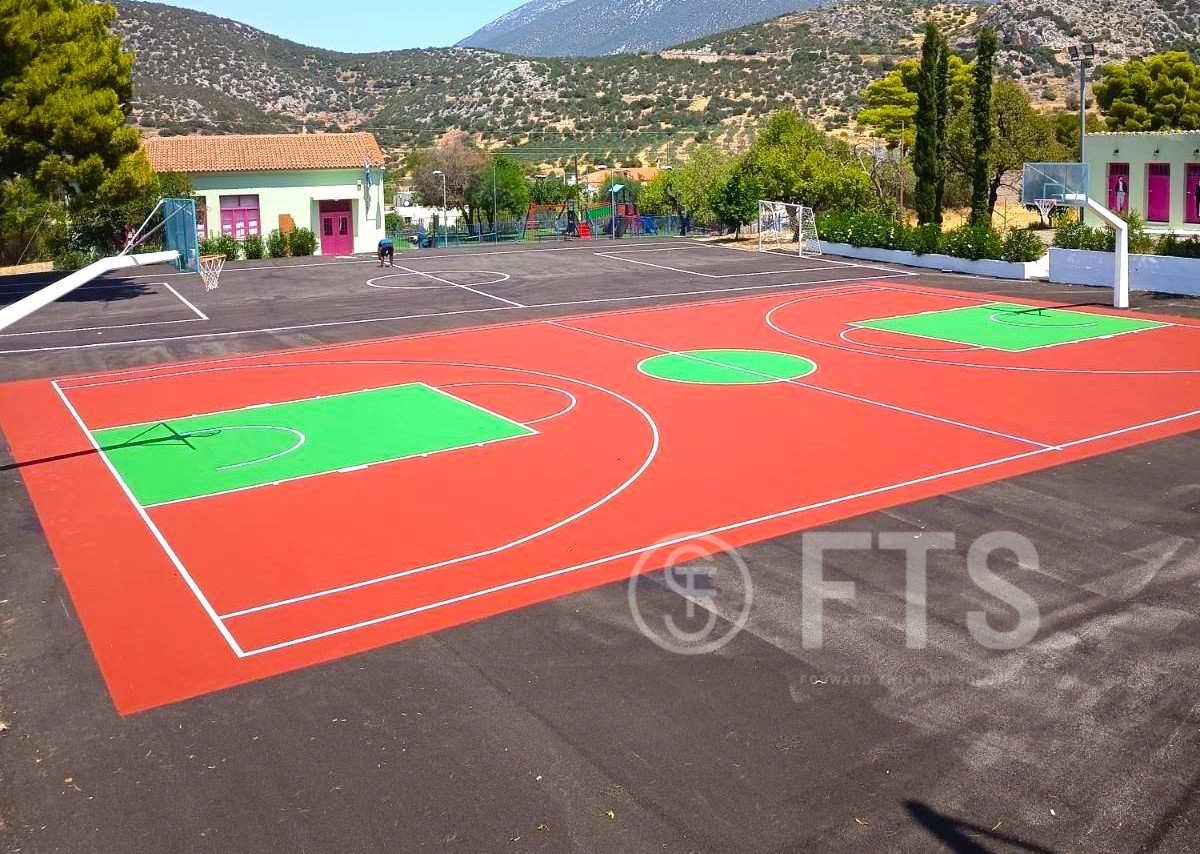 Κατασκευή γηπέδου BASKET σε σχολείο στους Φούρνους Αργολίδας με ακρυλικά ελαστικά χρώματα από την FTS HELLAS